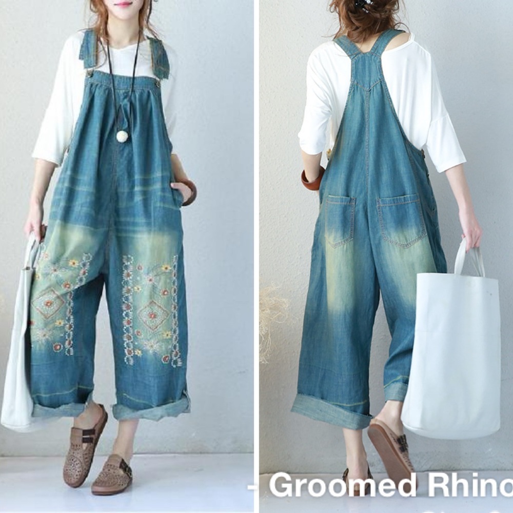 Monthorigin Boho Embroidered Wide Leg Denim Overalls OS